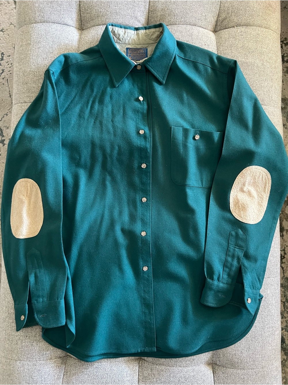 Pendleton Teal Button-Down Shirt with Cream Elbow Patches